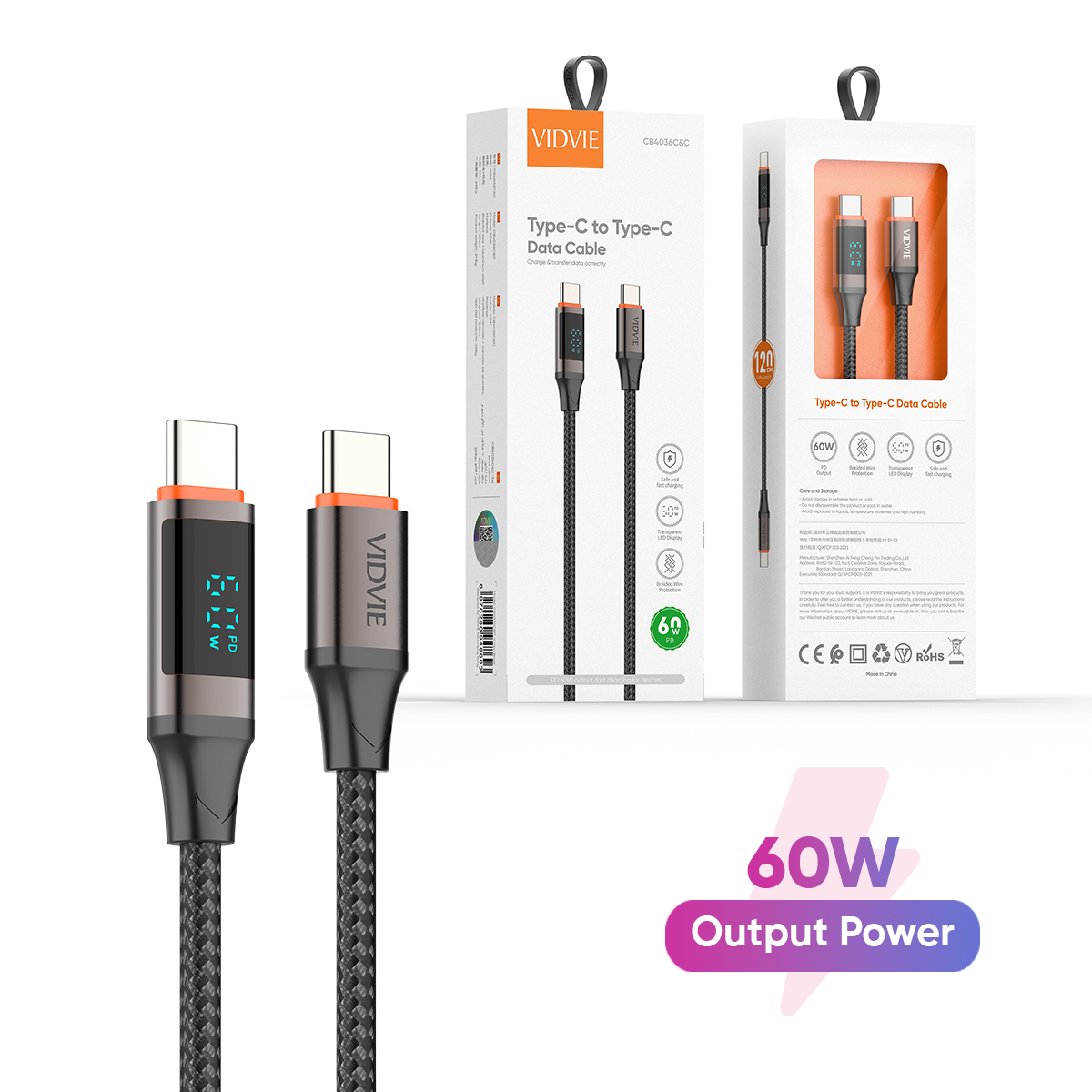 VIDVIE 60W Type-C to Type-C Fast Charging Cable with LED Display (1.2M)