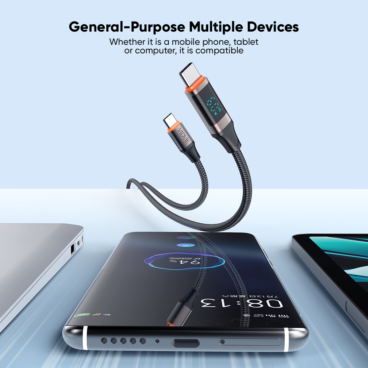 VIDVIE 60W Type-C to Type-C Fast Charging Cable with LED Display (1.2M)