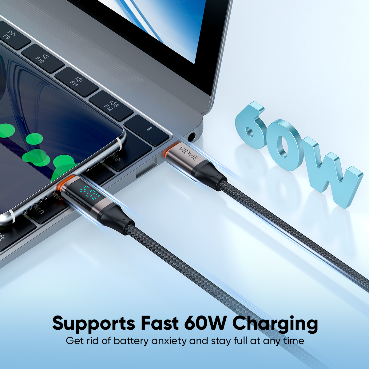 VIDVIE 60W Type-C to Type-C Fast Charging Cable with LED Display (1.2M)