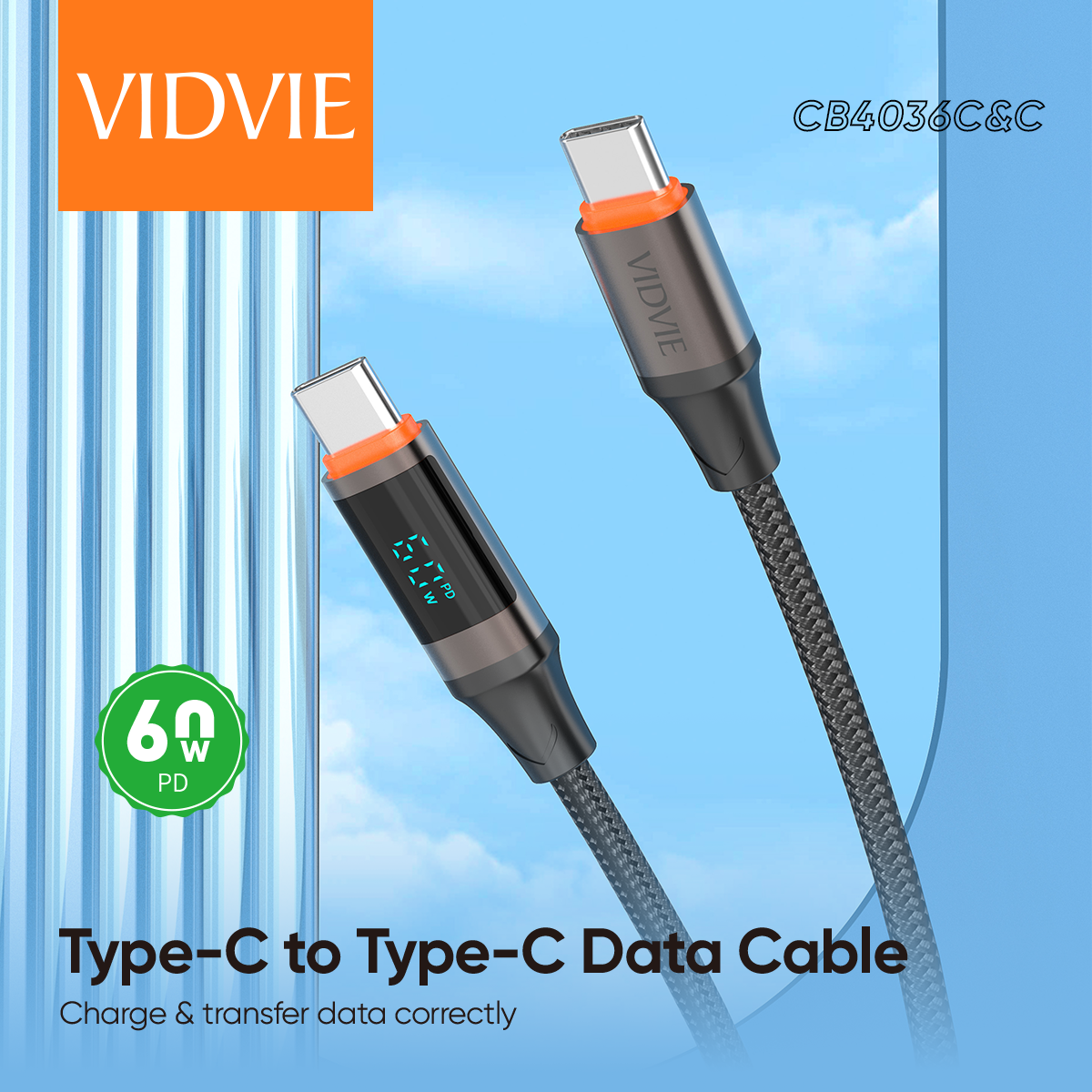 VIDVIE 60W Type-C to Type-C Fast Charging Cable with LED Display (1.2M)